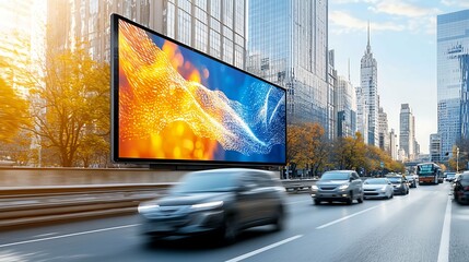 Large LED screen displaying vibrant visuals on a busy city street during a sunny day, showcasing colorful advertisements and engaging content to passersby.
