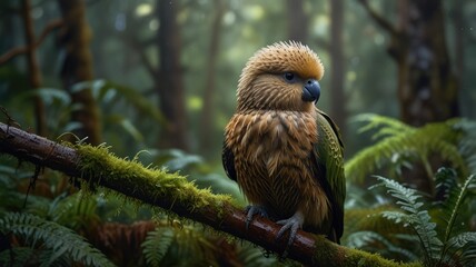 a Kakapo, a unique and flightless parrot native to New Zealand. Its vibrant green plumage and distinctive fluffy feathers create a striking visual.