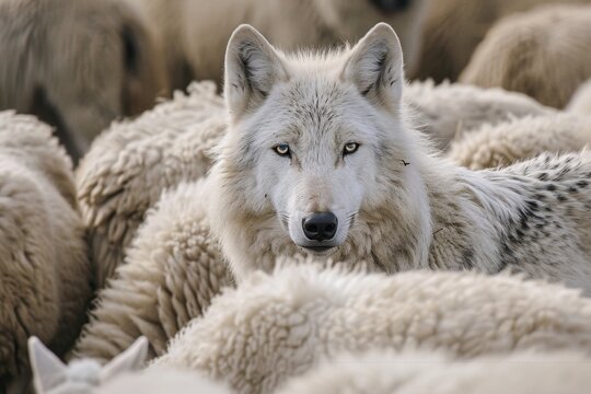 Closeup portrait of a white wolf observing sheep in a field