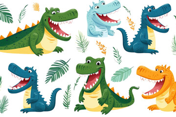 Fototapeta premium Seamless pattern with cute cartoon colorful crocodiles.