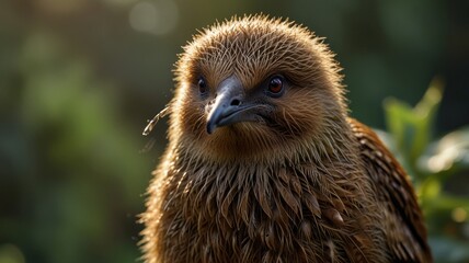 Fototapeta premium a young Kiwi, a flightless bird endemic to New Zealand. Its fluffy brown feathers and curious expression give it a charming and endearing appearance.