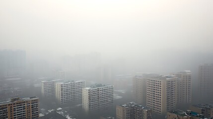 Obraz premium A modern city skyline shrouded in thick layers of smog and pollution, highlighting the impact of urbanization on the environment and public health.