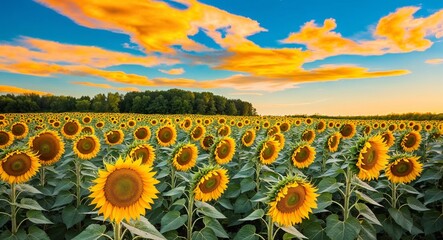 Fototapeta premium Field of sunflowers under bright summer skies