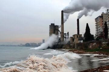 Fototapeta premium Industrial factory by the sea with smoke stacks releasing emissions against a cloudy sky.