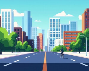 Busy urban avenue with bicycle path, cyclists passing office buildings, vibrant city life