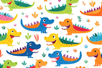 Obraz premium Seamless pattern with cute cartoon colorful crocodiles. on transparent background