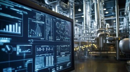 Fototapeta premium Industrial control room displaying data and analytics on monitors.