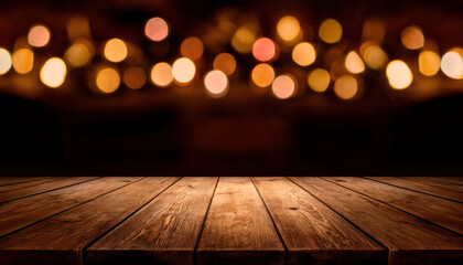 Background of a rustic wooden plank table softly lit in the center, set in a dark elegant setting with golden bokeh lights blurred in the distance. Ideal for showcasing festive Christmas products