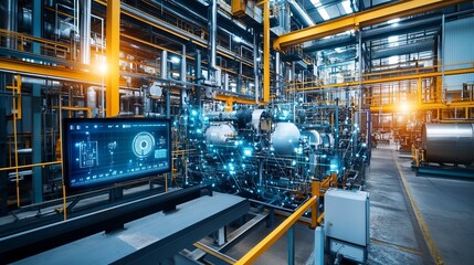 Fototapeta premium Industrial facility with advanced machinery and digital monitoring.