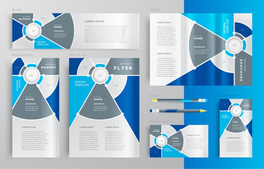 Identity Circles Theme Blue and Crey Color. Set flyer cover, tri-fold, banner, roll up banner, business card