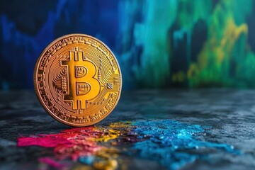 Golden Bitcoin coin stands on colorful paints representing cryptocurrency and blockchain technology