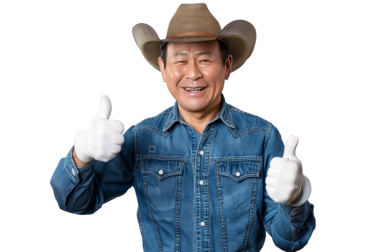 Cheerful middle-aged Asian man in cowboy hat giving thumbs up