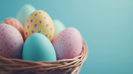A colorful assortment of decorated Easter eggs nestled in a woven basket against a soft blue backdrop.