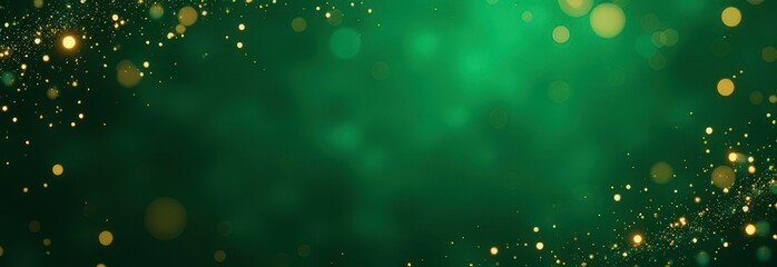 festive vibrant deep green background surrounded by golden bokeh lights sparkles, Christmas winter holiday feel, banner with copy space. seasonal advertisements, newsletter, holiday invitation concept