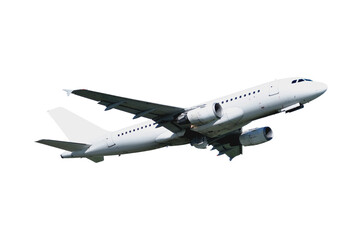 Obraz premium Airplane with white blank livery and two engines in flight isolated on white background, flying airplane isolated on white