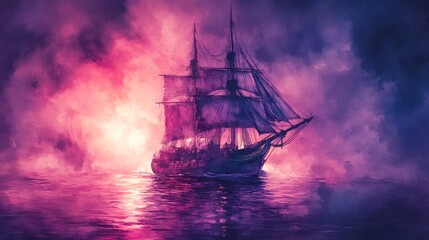 Fototapeta premium A Silhouette of a Sailing Ship Against a Purple and Pink Sky