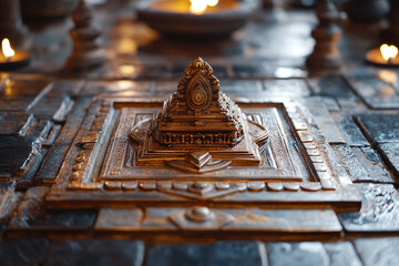 a brass Hindu yantra symbol used in meditation.