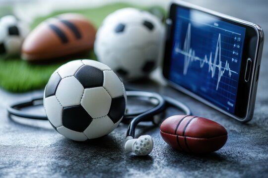 A collection of sports balls and health monitor on a table, showcasing fitness and activity tracking