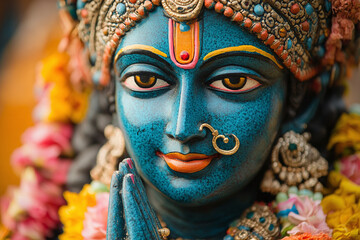 a murti idol of Lord Vishnu with vibrant clothing.