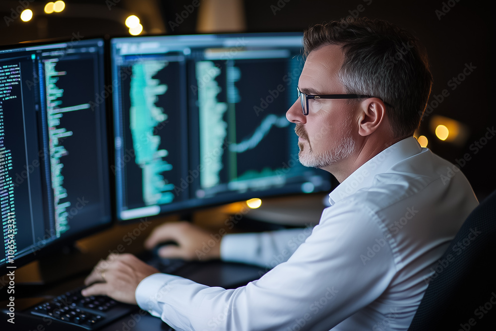 Poster a professional concentrates on data analysis using multiple computer screens in a darkened office