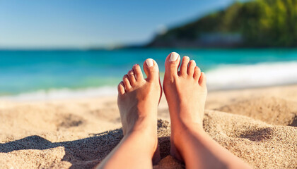 Fototapeta premium jolis pieds de femme, sable et plage, concept de vacances d'été, fond de mer flou