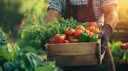 farmer holding wooden box full of fresh vegetables. harvesting season. basket with vegetables in the hands of a farmer background, healthy, organic, food, agriculture