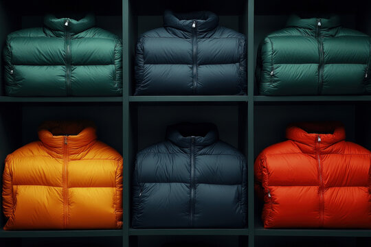 Colorful puffer jackets neatly arranged on shelves, suitable for winter fashion.