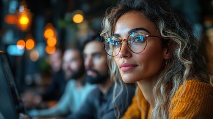 Obraz premium A young woman with curly hair and glasses sits at a table with other people in the background. She looks intently at something in the distance, and her expression is thoughtful and focused.