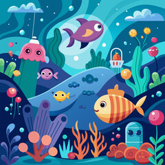 Vibrant and whimsical underwater scene featuring colorful fish, coral reefs, and playful seaweed. Perfect for kids' books, educational materials, or adding a touch of fantasy to any design.