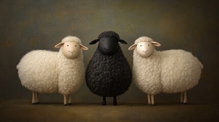 Fototapeta premium A lone black sheep stands confidently in the middle of a line of white sheep, symbolizing individuality and nonconformity.