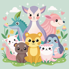Naklejka premium Adorable cartoon illustration featuring a diverse group of cute animals, including a deer, a fox, a bear, a dragon, a penguin, and a ferret. Perfect for children's books, nursery decor.