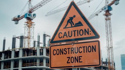 Obraz premium Caution construction zone sign, white isolate background