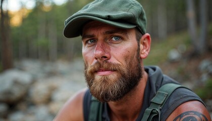 Obraz premium portrait of a man with a beard and a green cap
