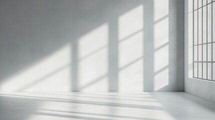 Fototapeta premium abstract. minimalistic background for product presentation. walls in large empty room greyish white. can full of sunlight. Loft wall or minimalist wall. Shadow, light from windows to plaster wall.