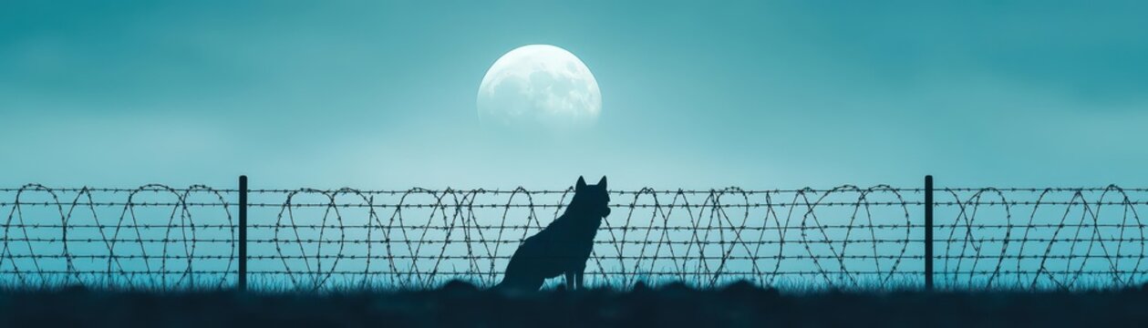 Silhouette of a wolf behind a barbed wire fence under a full moon, dark fantasy style, cool blue lighting, mystical atmosphere