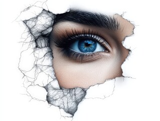 Obraz premium A hyper-realistic eye peers through a fascinating mix of artistic lines and textures, blending human anatomy with an intricate abstract design aesthetic.