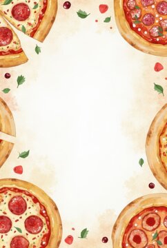 Italian pizza pattern. Chopped pizza border. Frame of watercolor pizza fastfood slices