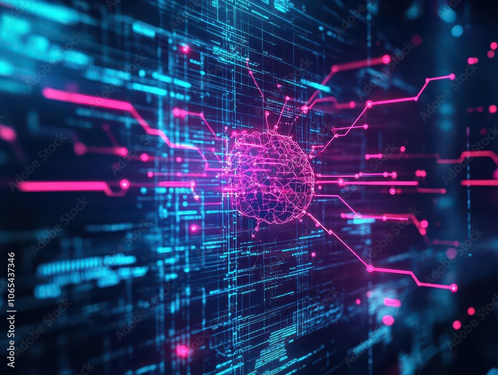 Poster Neural network interface, digital screen overlays, vibrant neon data pulses