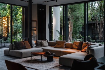 Fototapeta premium Modern Living Room with Natural Light and Cozy Atmosphere in a Forest Setting