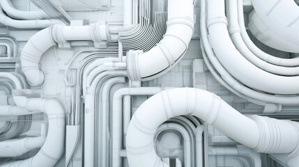 Fototapeta premium Complex network of large white industrial pipes and ducts in an abstract architectural structure, showcasing intricate curves and intersections in a futuristic design