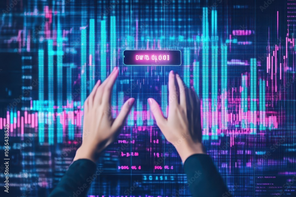 Poster hands reaching for a digital value bar above a dropping price tag, neon light effect, cyber aestheti