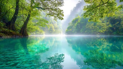 Fototapeta premium Serene River Reflecting Lush Green Trees in a Misty Forest.