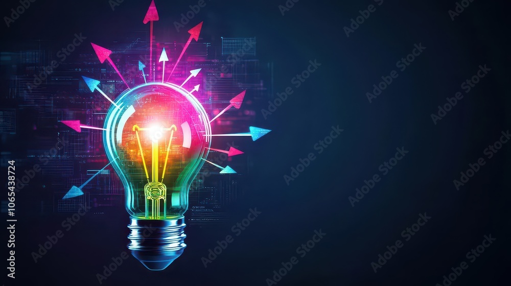 Poster glowing lightbulb with multicolored gradient, arrows spiraling toward it, futuristic and vibrant, hi