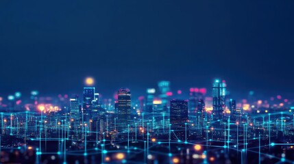 Fototapeta premium Glowing lines, cyberpunk cityscape, deep night colors, high contrast