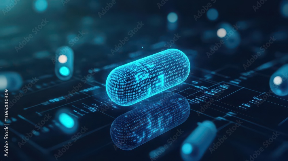 Poster Digital capsule, surrounded by binary code, futuristic blue glow, dark background
