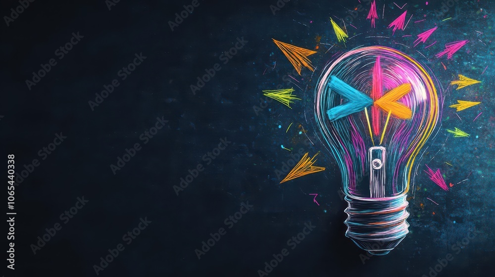 Leinwandbilder detailed sketch of a lightbulb with arrows pointing inwards, monochromatic with multicolored accents