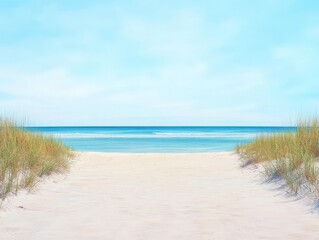 Deserted beach pathway, watercolor shades of sandy beige, ocean blue, and distant seagulls adding tranquility