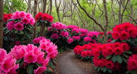 Fototapeta premium Rhododendron forest with large blooming pink and red flowers