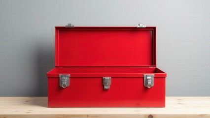 Close-up of an open red toolbox showing metal latches and an empty compartment