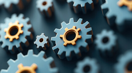 Close-up of interlocking gears with metallic and copper-like colors in an abstract arrangement, representing teamwork and industrial mechanism